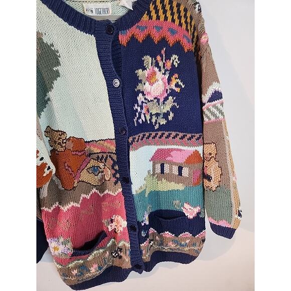 VINTAGE 90s TOGETHER Floral Chunky Knit Cardigan Sweater XL Teddy Bear - Picture 2 of 7